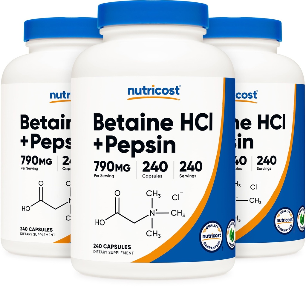 Nutricost Betaine HCl + Pepsin 790mg, 240 kapslar, 3 flaskor (720 kapslar)