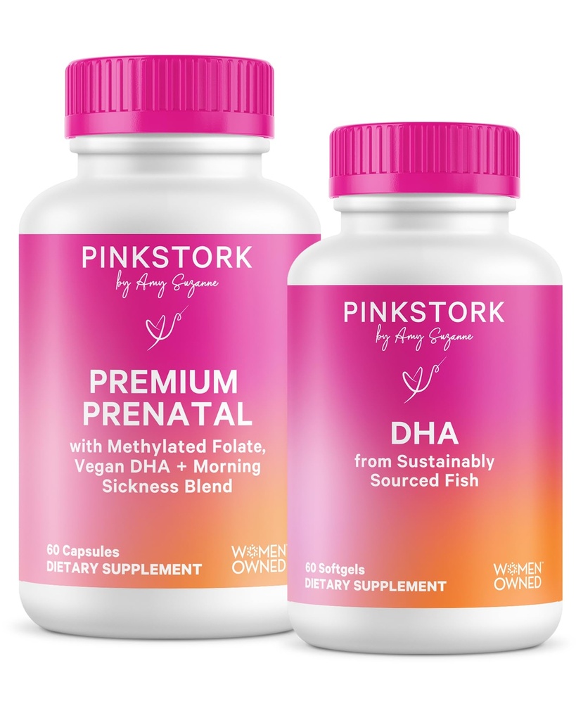 Pink Stork Premium Prenatal Duo: Premium Prenatal Vitamiini + DHA, Prenatal Probiootit naisille, Omega 3 + Fish Oil, Prenatal Vitamiini DHA ja Foolihappo, Naisten ommellut