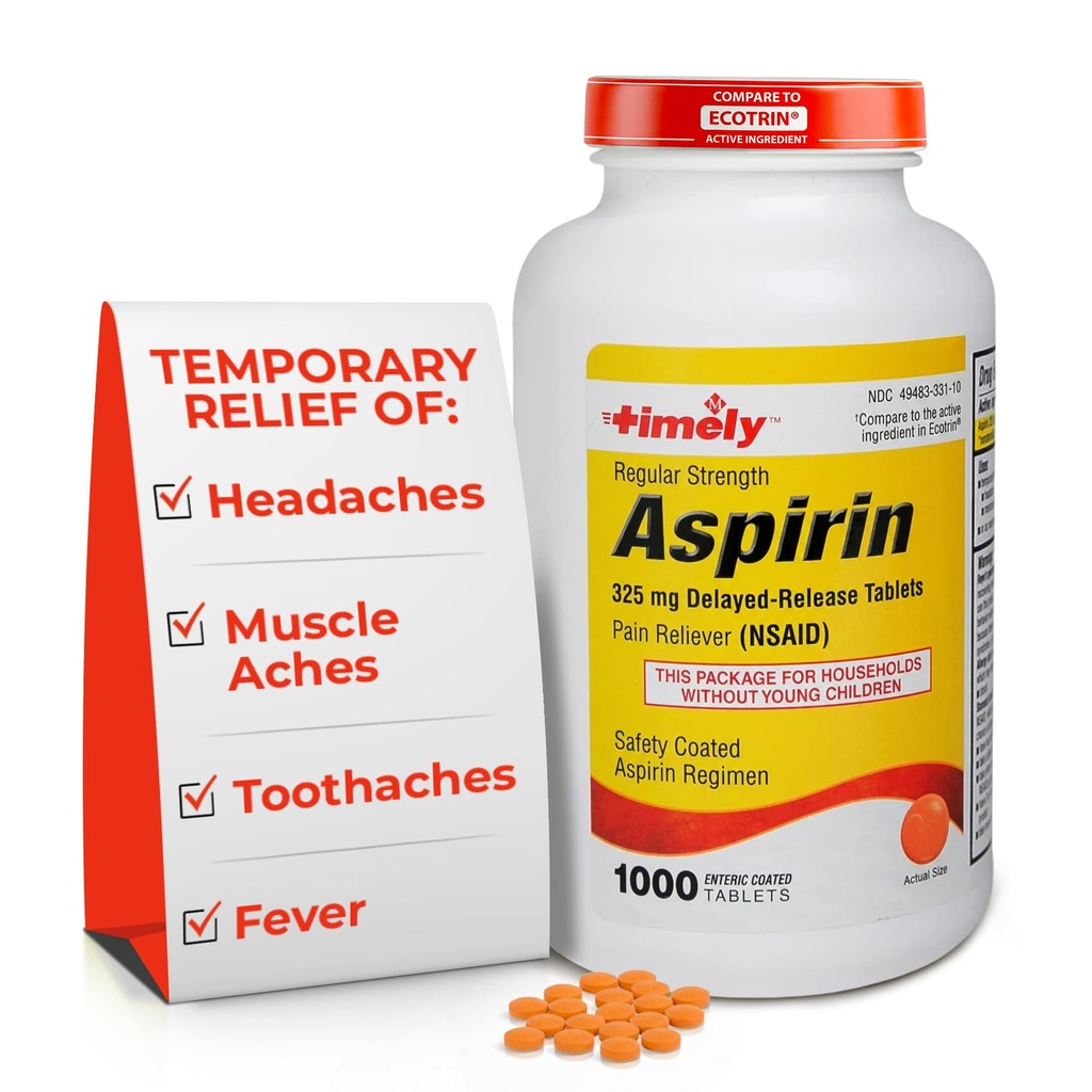 Time-Cap LBS, INC. Ajantasainen säännöllinen vahvuus Aspirin 325 mg - 1000 Enteric päällystetty tabletti - Pain Reliever pienille kipuja ja kipuja, kuumeen reduktori - valmistettu USA