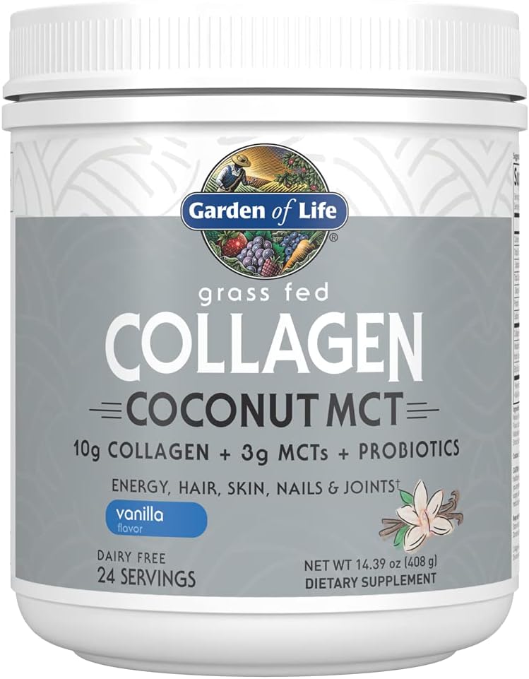 Puutarha Life Grass Fed Coconut MCT Powder - Vanilja, 24 Tarjoilut, Collagen Powder for Energy Hair Skin Nails nivelet, Collagen Peptides Powder, Coconut MCTs, Collagen Protein täydentää
