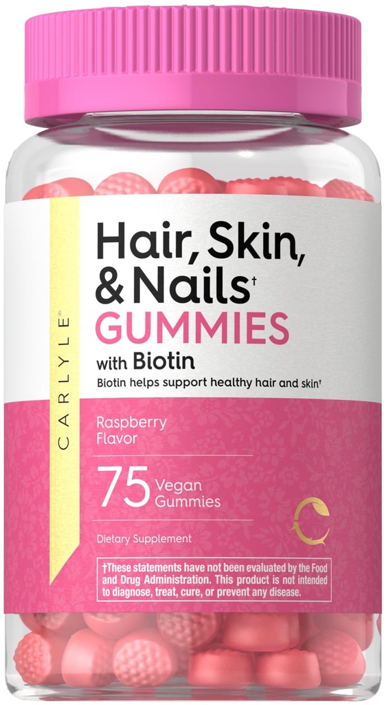 Carlyle Hair Skin och Nails Vitamins | 75 Gummies | med Biotin och Collagen | Gummy Supplement för kvinnor | Strawberry Flavor | Non-GMO, Gluten Free