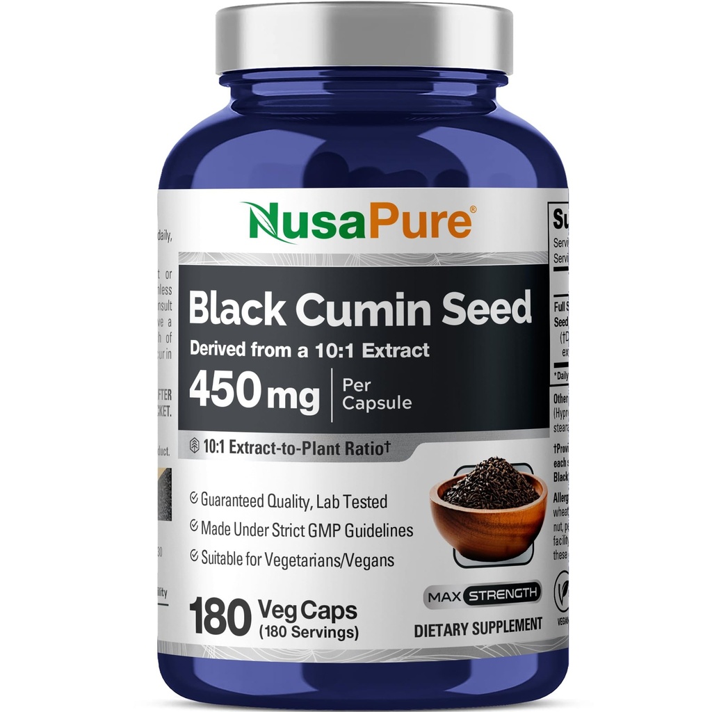 NusaPure Full Spectrum Black Cumin Seed 10:1 Extract, 450 mg Equivalent till 4500mg 180 Veggie Powder Caps Non-GMO, Vegan Non-Oily