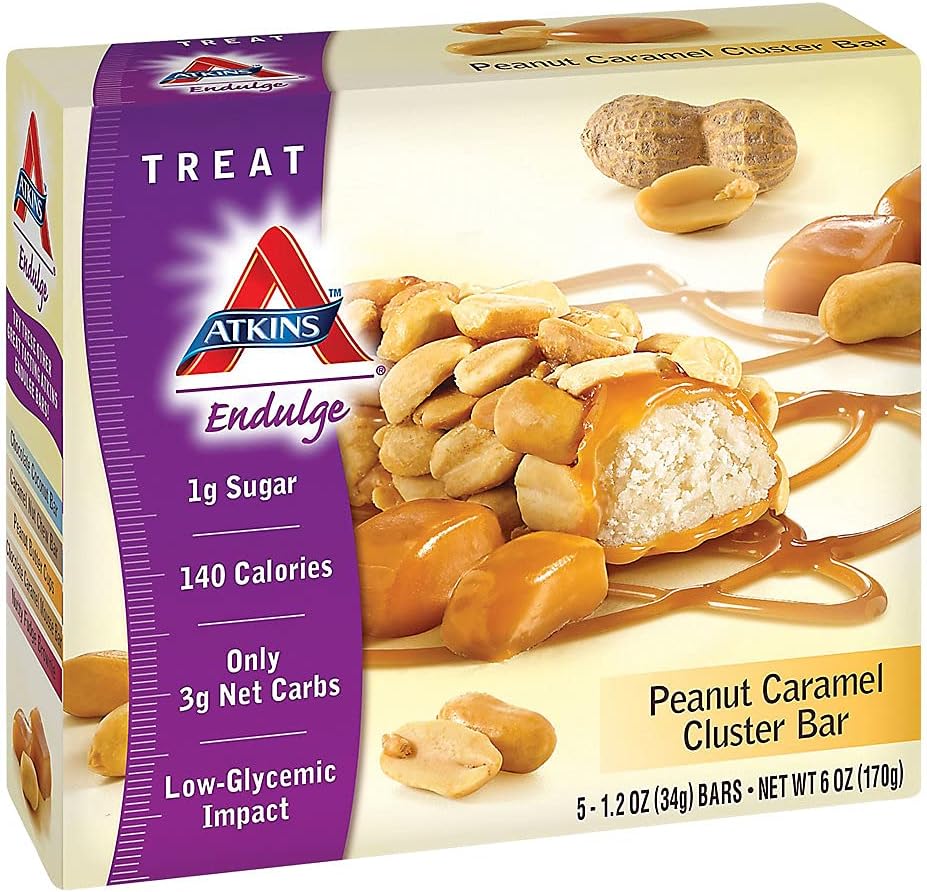 Atkins Peanut Caramel Cluster Bar, jälkiruoka suosikki, korkea kuitua, 3g Net Carb, 1g sokeria