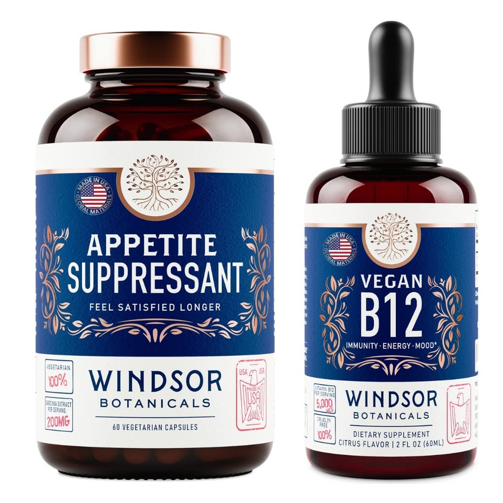 WINDSOR BOTANICALS Appetite Suppressant för viktminskning och Vegan B12 Liquid Bundle