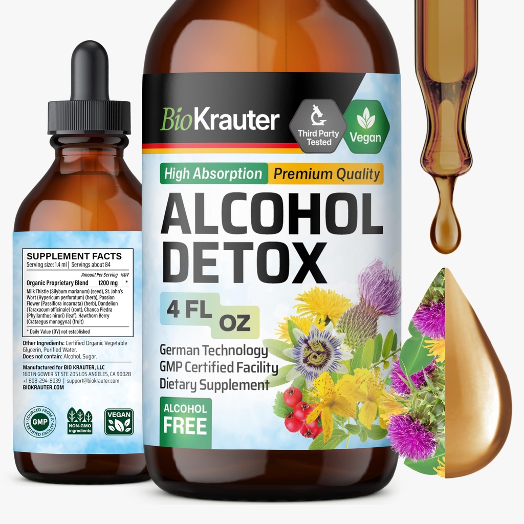BIO KRAUTER Alkoholi Detox Tincture - Maksa Cleanse Formula - Milk Thistle & Voikukka - Maksa Detox Liquid Extract - Alkoholiton ja sokeriton - Vegan Drops 4 Fl.Oz.