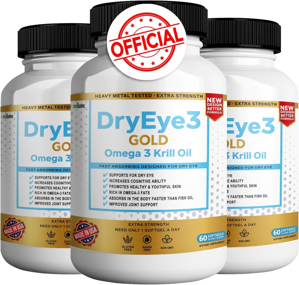 Dry Eye 3 Kulta Omega 3 Krill Oil Extra Strength, 60 Softgels, Dry Eye Support, Ei-GMO, Gluteeniton, Sokeriton (3)