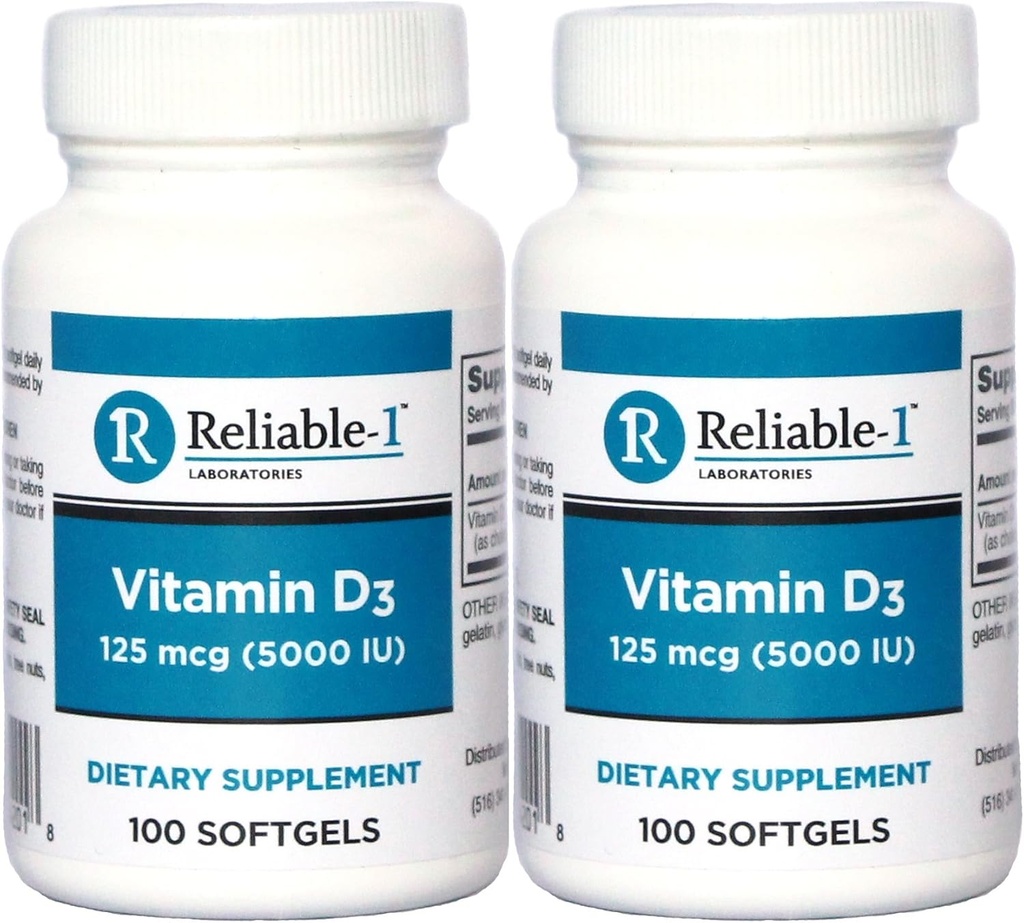 D3-vitamiini Korkea teho 5000 IU 100 Softgelia 2 pullon pakkausta kohti