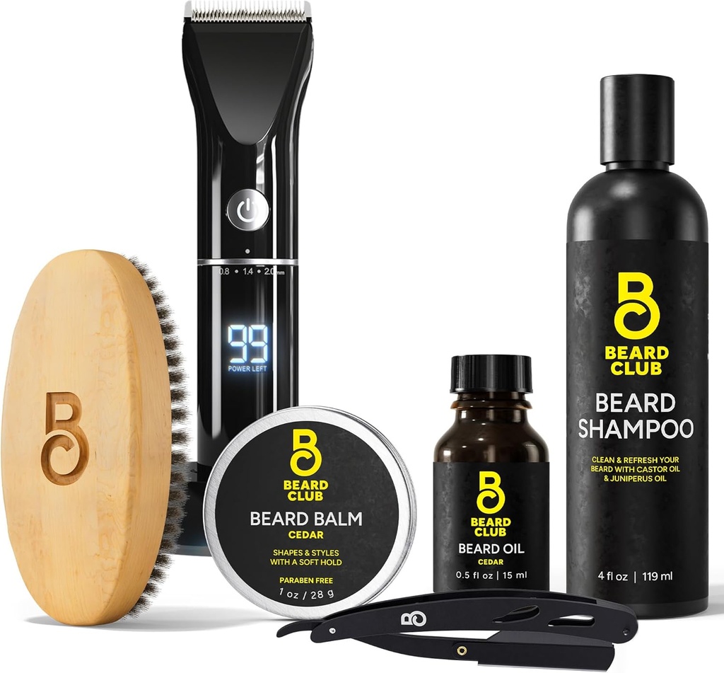 The Beard Club Brooming Bundle: Trimmer for Men & Care Kit - Sisältää langaton Electric Trimmer, Suora Edge Razor, Shampoo, Cedar Balm & Oil, Harja - 8 Oppaat, 45 Pituus