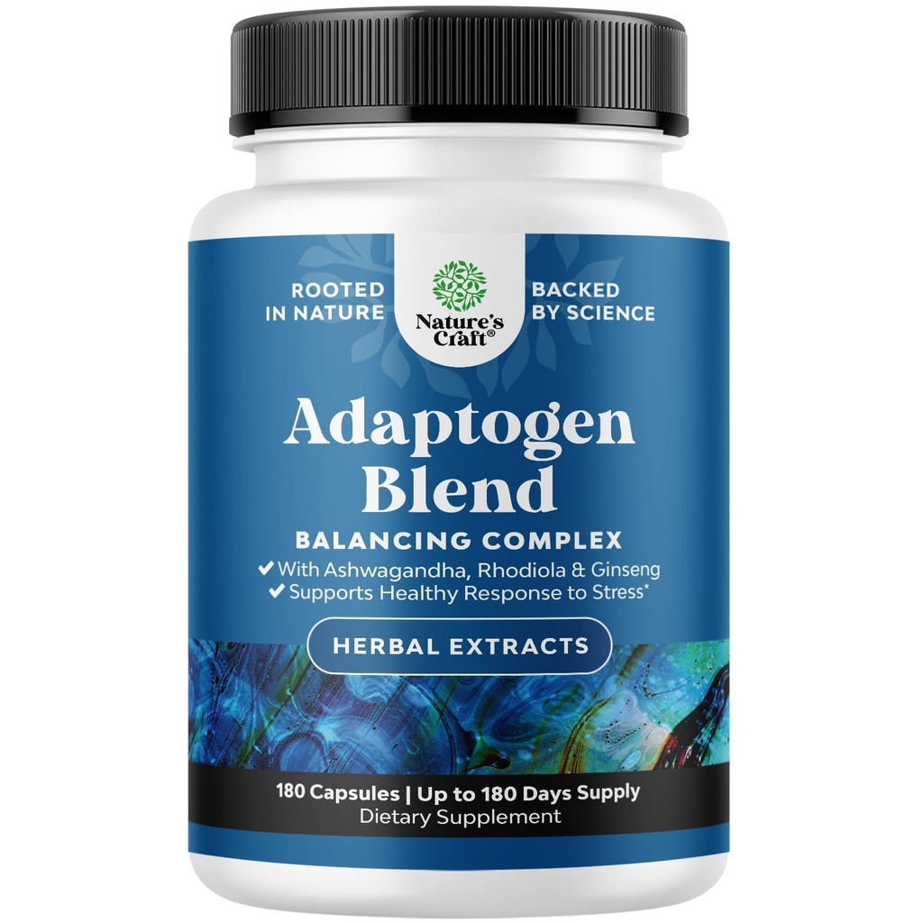 Herbal Adaptogen Mood Support Supplement - Calming Adaptogens Supplement for Stressi & Kortisol Management Ashwagandha Rhodiola Rosea & Maca Root - Vegaani non GMO & Daytime Friendly -180ct