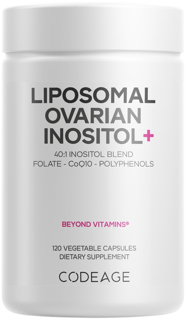 Codeage Liposomal Ovarian Inositol+ täydennysosa - Myo-Inositol & D-Chiro-Inositoli 40:1 Blend, Folate 5-MTHF, CoQ10, Pomegranaatti & villi mustikka, liposomaalinen toimitus, ei-GMO, Gluteeniton - 120 kapselia