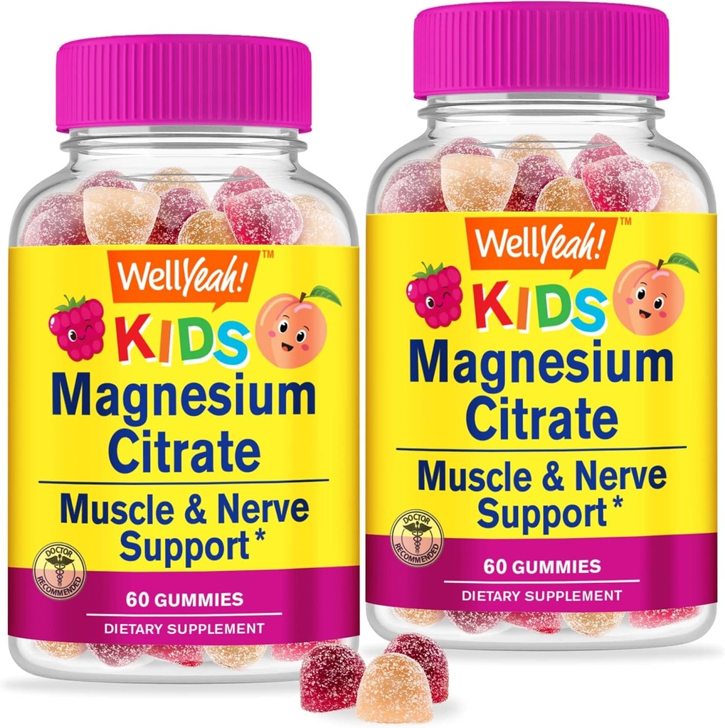 WellYeah Magnesium Citrate Gummies for Kids (2 Pack) - Pureskeltava stressiä lievittävä lisä lapsille - luonnollinen rauhallisuus, mielialatuki, ei-GMO, Gluteeniton - Luonnollinen lähde makuja - 60 Gummies