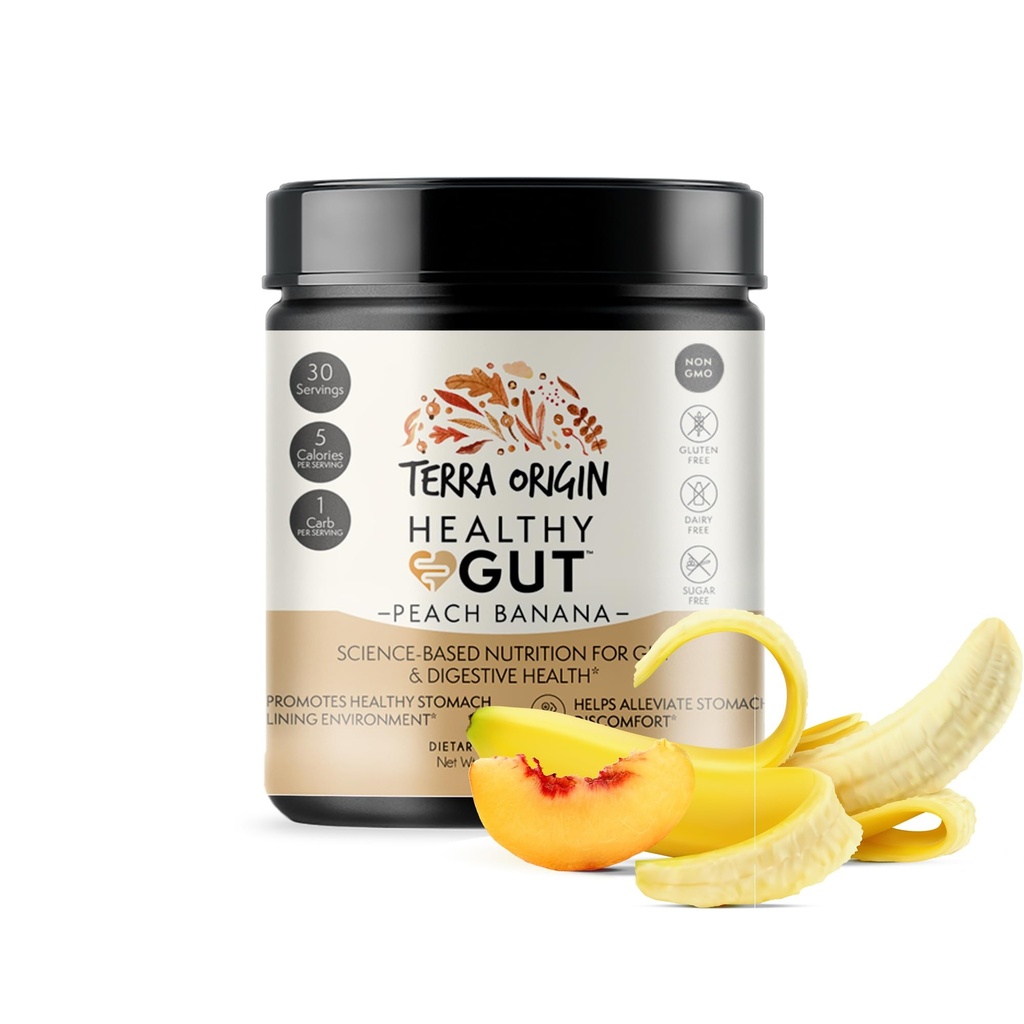 TERRA ORIGIN Healthy Gut Peach Banana | 30-Servings med L-Glutamin, Zink, Glukosamin, Slippery Elm Bark, Marshmallow Root och mer!