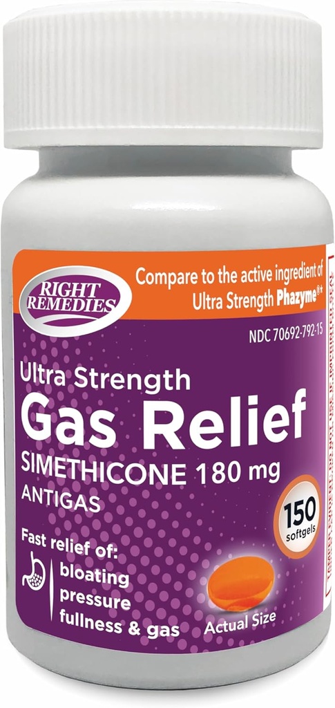 Gas Relief Ultra Strength, 180 mg simetikoni (150 Softgels) Nopea helpotus kaasusta, turvotus, täyteys, kivulias häiriö, vertaa Ultra Strength Phazyme Active Ingredient