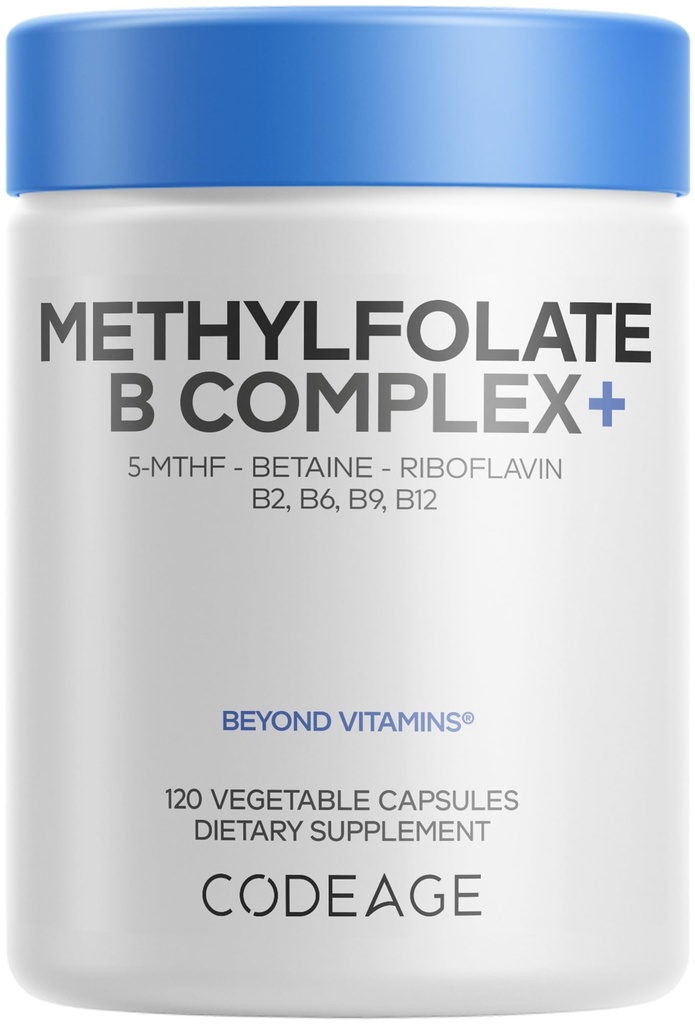 Codeage Methylfolate B Complex Supplements - 5 MTHF, Methylcobalamiini 1000 mcg Methylated B12, Riboflaviini, Betaiini, Vitamiinit B6, Methylation Cycle MTHFR - 2 kuukautta - 120 kapselia