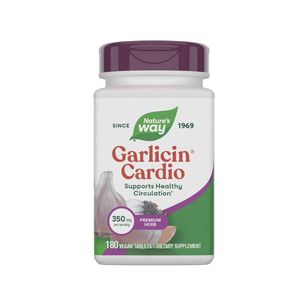 Nature's Way Valkosipulin Cardio, Premium Herbal, tukee tervettä verenkiertoa*, Ei valkosipulin makua, Vegaanin valkosipuli täydentää, 180 tablettia (Pakkaus toukokuussa Vary)