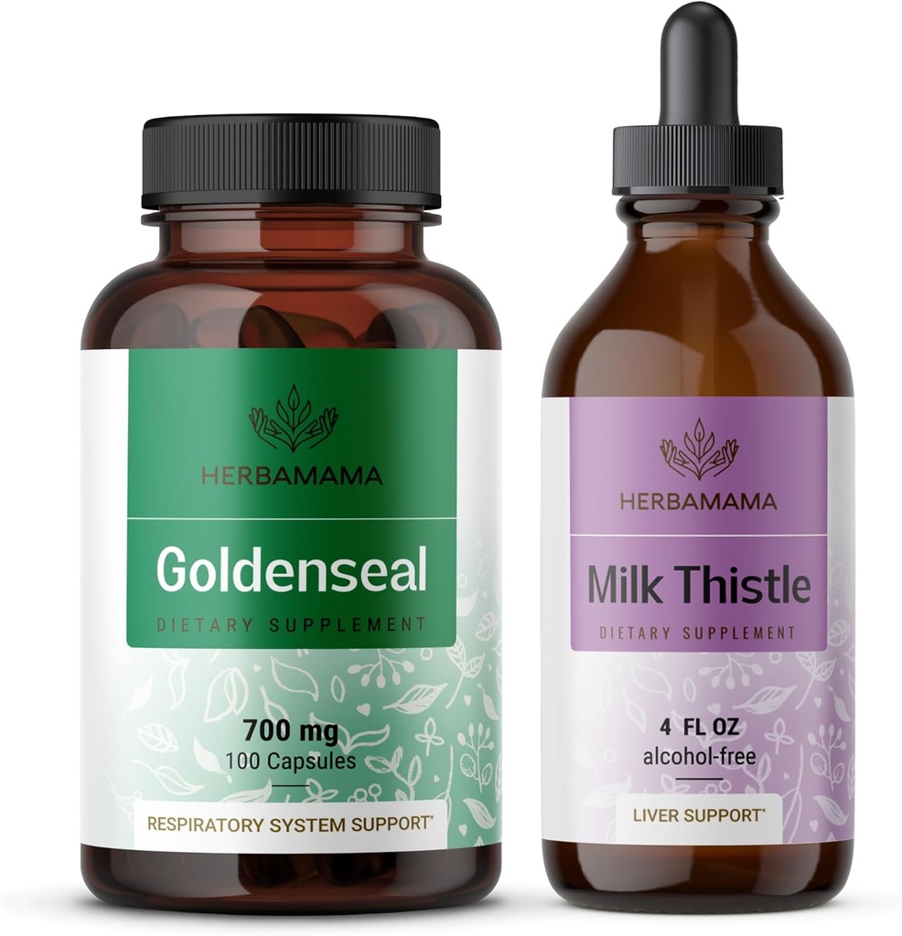 HERBAMAMA Goldenseal ja Milk Thistle Kit - Bundle 700 mg Goldenseal juurikapselit ja Milk Thistle Tincture 2 oz - Vegaani, ei-muuntogeenisiä, sokeria ja alkoholia ilmaiseksi - 2 pakkaus
