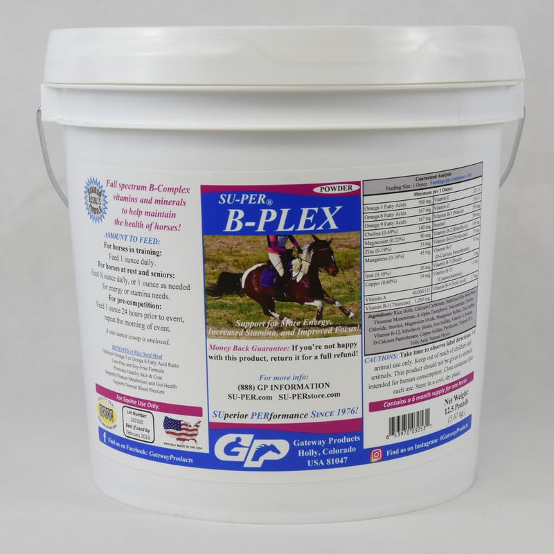 SU-PER B-Plex Powder Equine Vitamiinit - täydellinen B-Complex Hevosvitamiinit ja mineraalit täydentää - Terveet kaviot, punaiset verisolut, Hevosen Calming Powder - 12,5 punta, 6 kuukauden tarjonta (180 päivää)