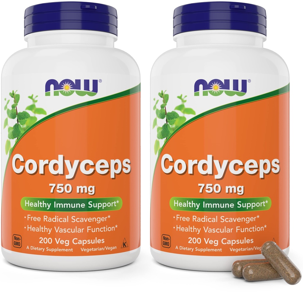 NOW Foods Cordyceps 750mg 200 Veg Caps - Organic Cordycep Sinensis Mycelium Mushroom i icke-organiska kapslar - Vegan, icke-GMO