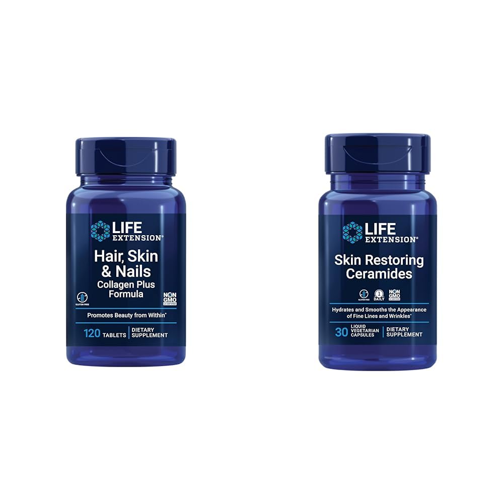 Elämän jatkaminen Hiukset, iho ja kynnet Collagen Plus Formula 120 Kreivi ja iho Palauttavat Ceramidit 30 nestemäinen kasvissyöjä kapselit