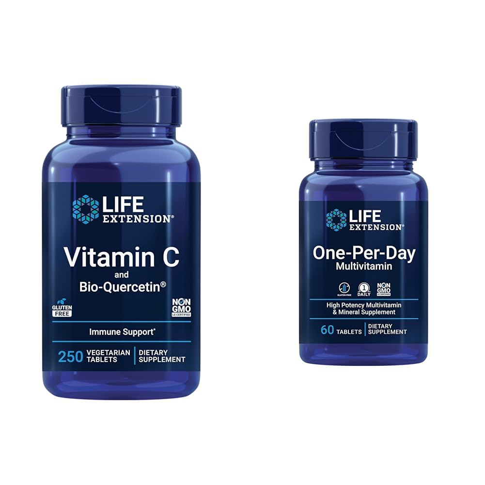 Elämän jatkaminen C-vitamiini & Quercetin Phytosome Plus monivitamiini 25+-vitamiinilla, Mineraalit & uutteet - 250 tablettia, 60 tablettia