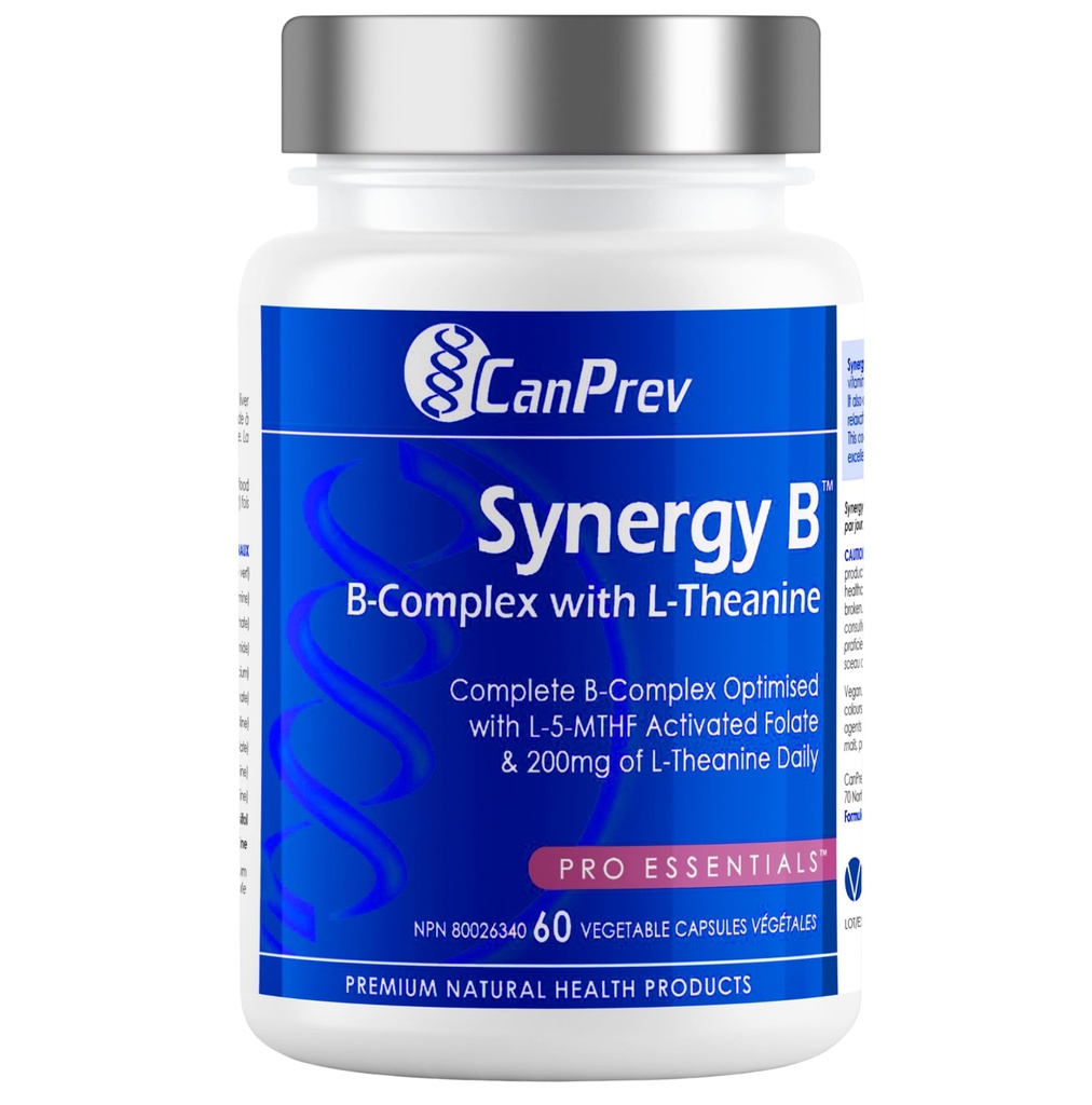 CanPrev Synergy B Complex med L-Theanine 60 kapslar 30-dagars leverans - Främja mental avkoppling, förbättra energi, kognitiv klarhet och stöd kropp och sinne - Vegan, icke-GMO och glutenfri