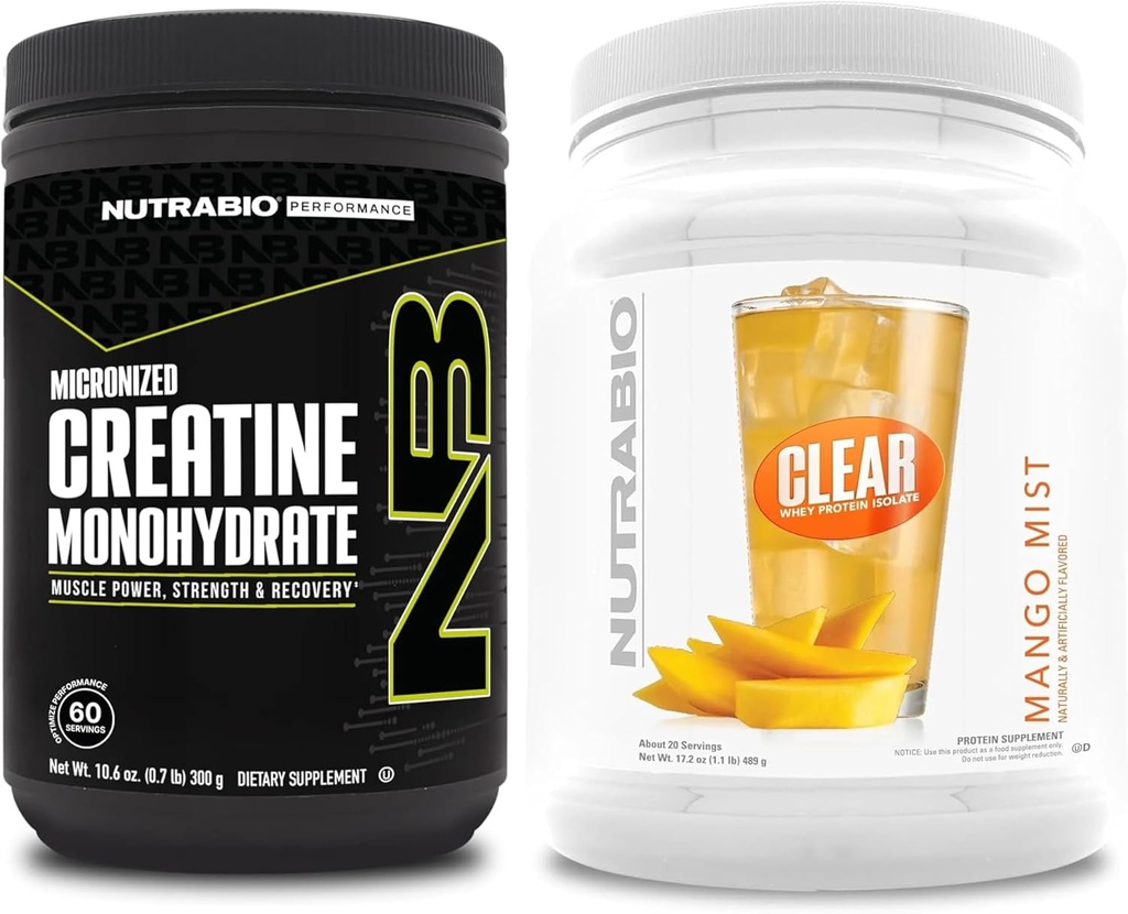 NutraBio Creatiini Monohydraatti, Mauton, (300 g) ja Clear Whey Protein Isolate, (Mango Mist) täydennysosa Bundle Lihasenergia, suurin kasvu, elpyminen ja vahvuus