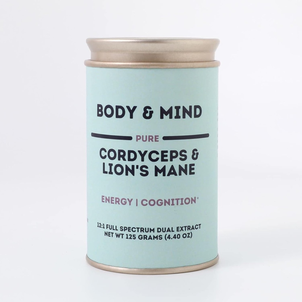 Body & Mind - Pure Organic Lion's Mane & Cordyceps Mushrooms 12:1 Dual Extract - Fokus, kognition, energi, uthållighet - 100% fruktande kroppar - Lägg till vatten / ta / kafé / smoothies - 125 Grams