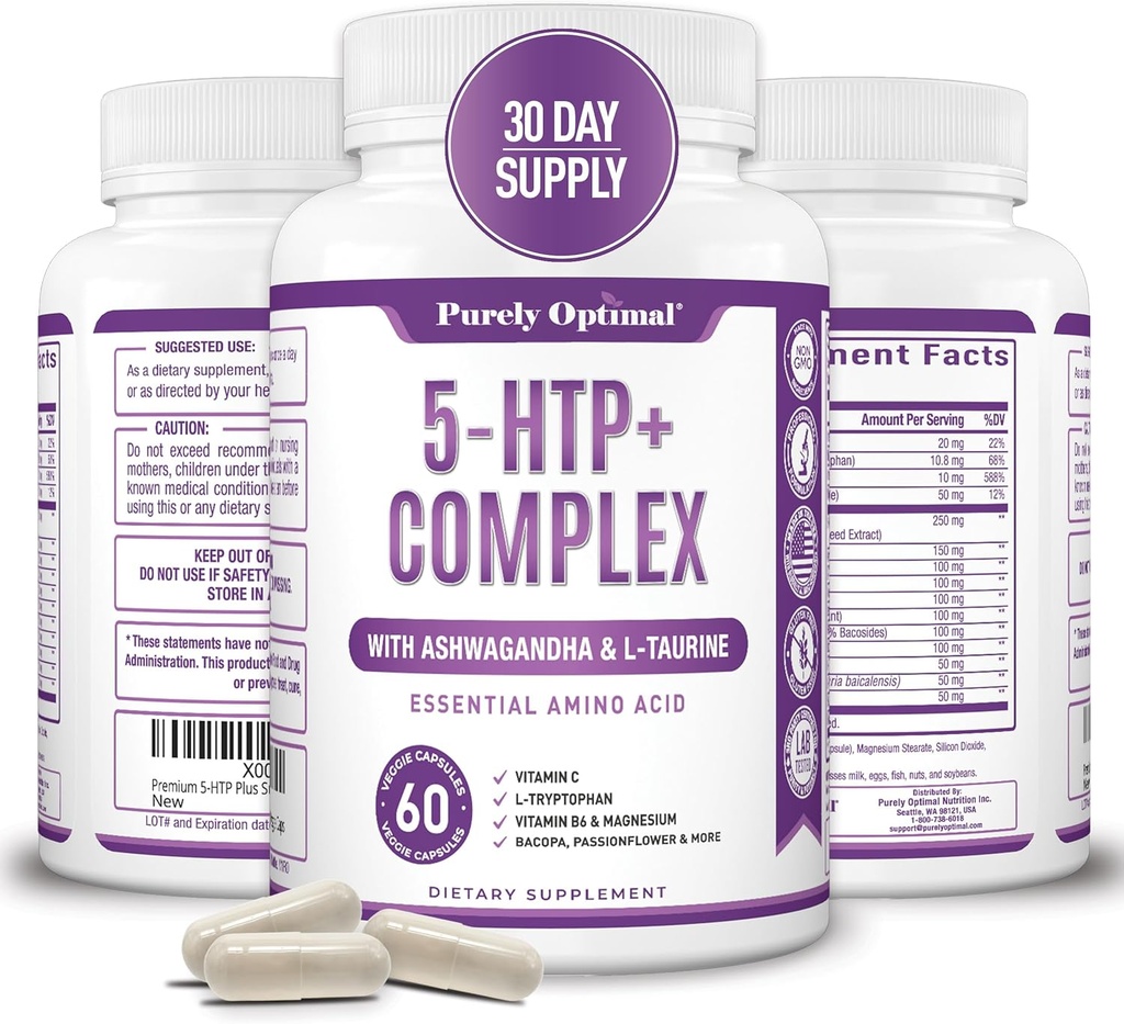 Premium 5-HTP Plus Supplement 250mg Maximum Strength - Sleep Aid, Mood Boost, främjar Calm & Relaxation, Stress Management Support - Förbättrad med vitamin B6, Gluten Free, Non-GMO, 60 Veggie Caps