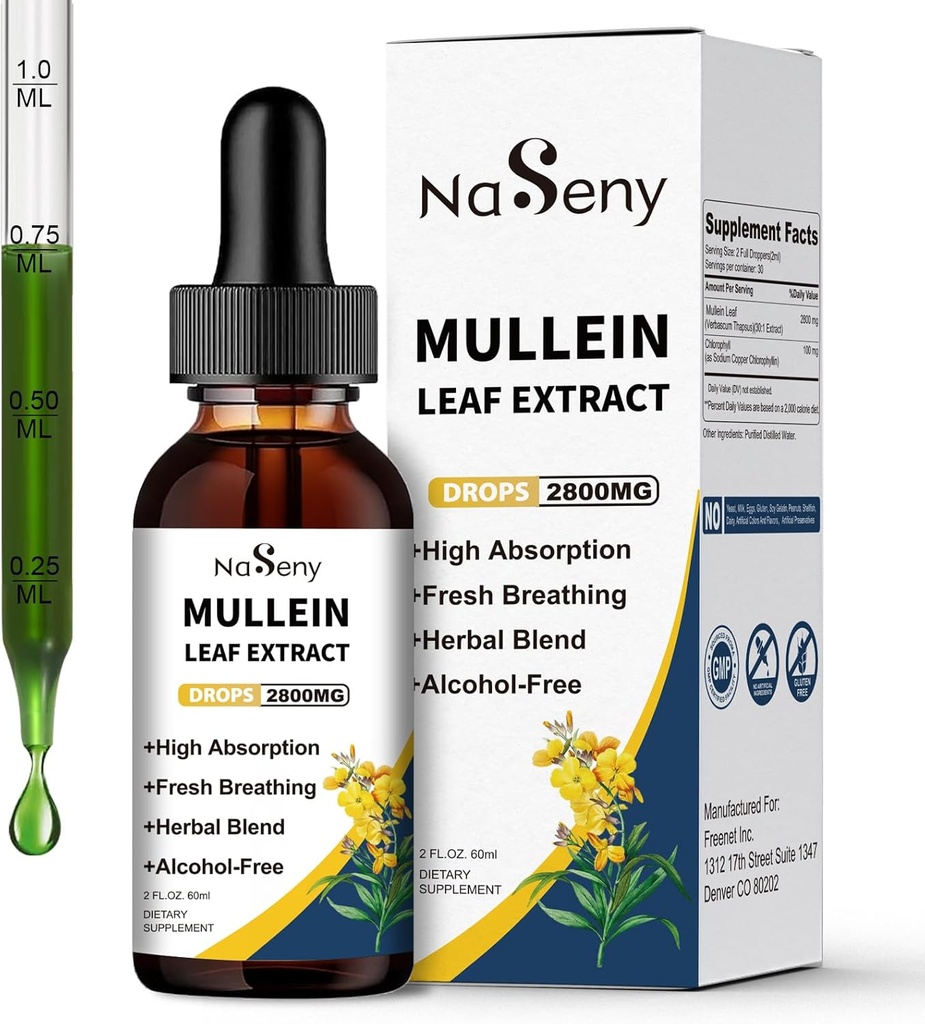 Mullein Drops for Lung Cleanse, Mullein Leaf Extract Liquid with klorofylli for Smokers, Herbal Liquid Drops Supplement for Hengityselimiä, Immuun (60ml)