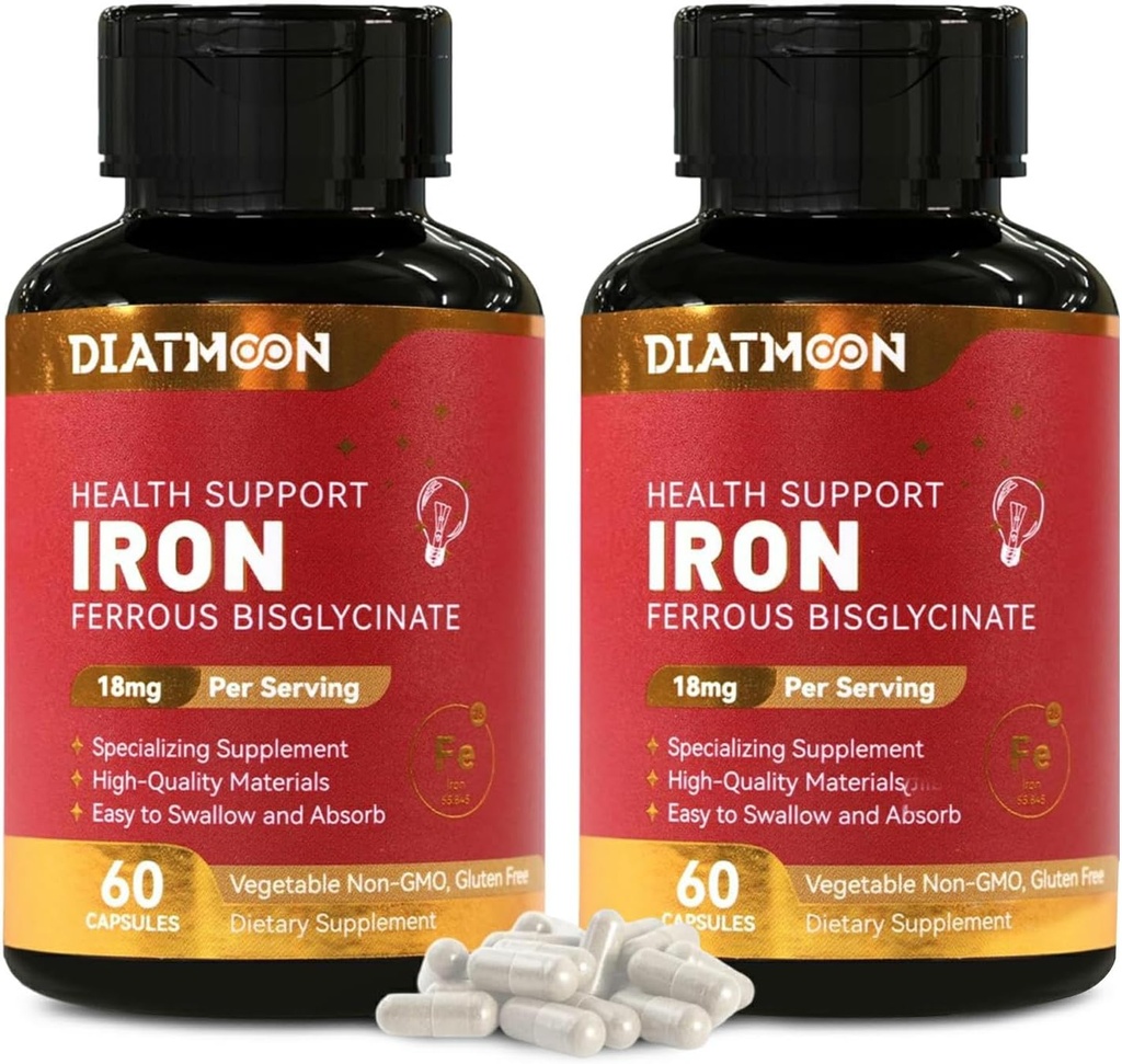 2 Pack Iron Supplement - Högt absorberbart järn Bisglycinate Capsules för vuxna, 120-dagars Supply, Vegan, Non-GMO, Gluten-Free, stöder energi och övergripande välbefinnande