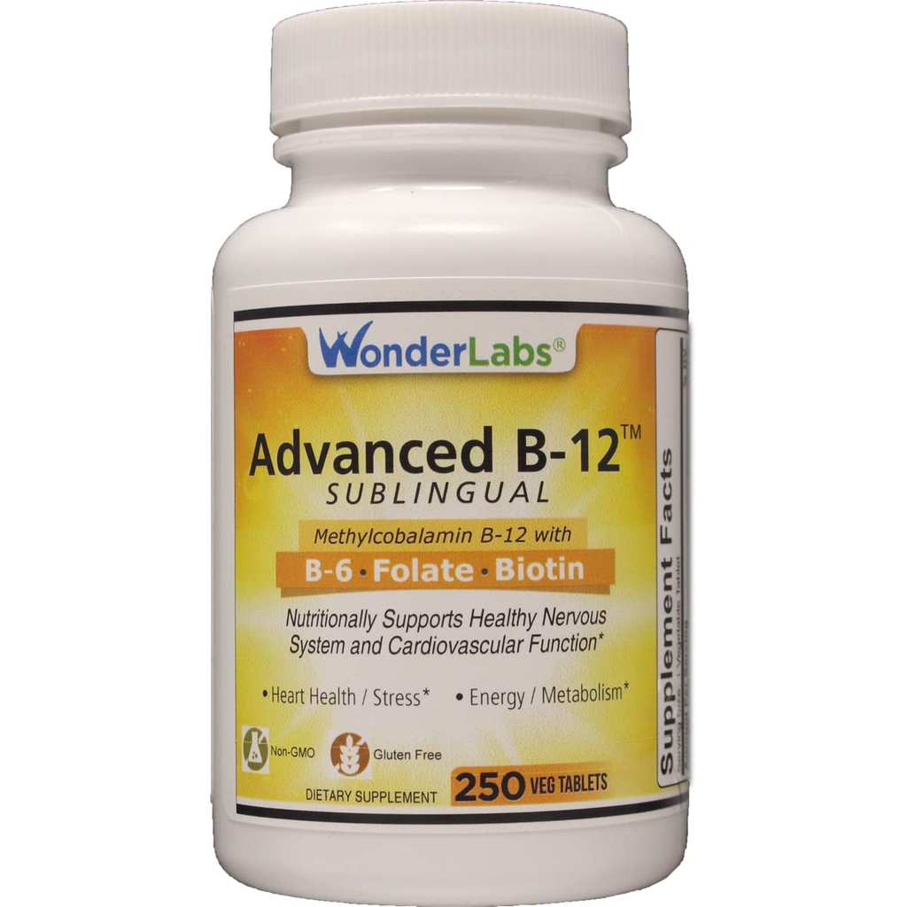 Wonder Laboratories Sublingual B12 (1000 mikrog), B6 (5 mg), Foolihappo(400 mikrog) & Biotiini (25 mikrog) - Formuloitu metyylikobalamiini B-12 (250 tablettia)