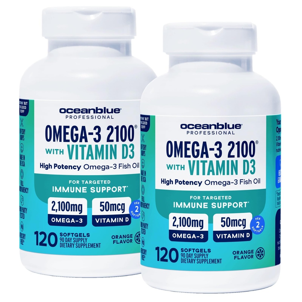 Oceanblue Professional Omega-3 2100 med vitamin D3 - 120 ct - 2pack - Triple Strength Burpless Fish Oil Supplement med hög styrka EPA, DHA, DPA och Vitamin D3 - Wild-Caught - Orange Flavor