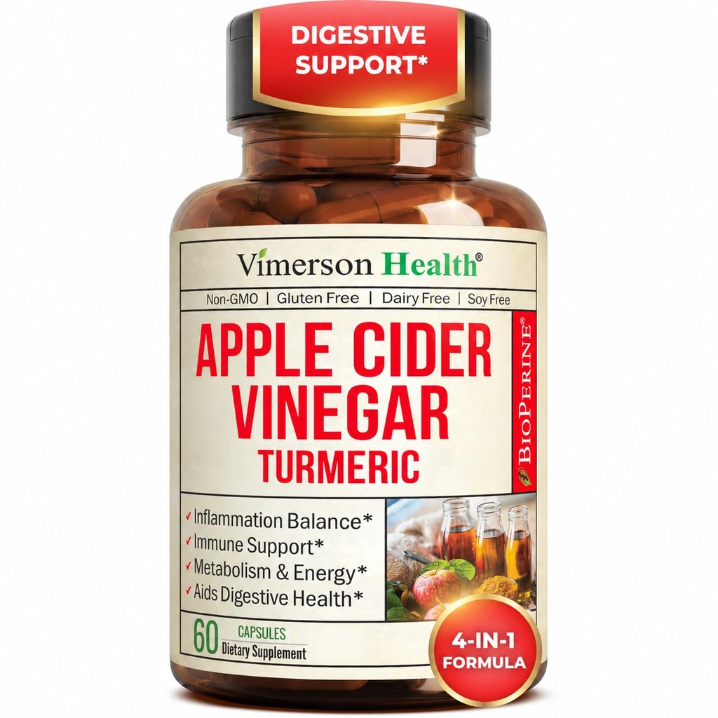 Organic Apple Siideri Viinietikka, jossa Turmeeric Curcumin Supplement & Inkivääri Ruoansulatus, aineenvaihdunta, energia & Joint Support - Organic Turmeric & Apple Siideri Viinietikka Kapselit. 60 Vegaani ei-GMO Caps