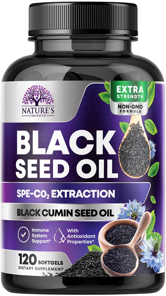 Musta siemenöljy kapselit 1000mg Thymokinonin kanssa - Pure Nigella Sativa ihon terveys ja immuuni tuki, 100% Mustasiemenöljy, hämmästyttävä uuttuminen yli kylmä painettu musta kumina siemen - 120 Softgels