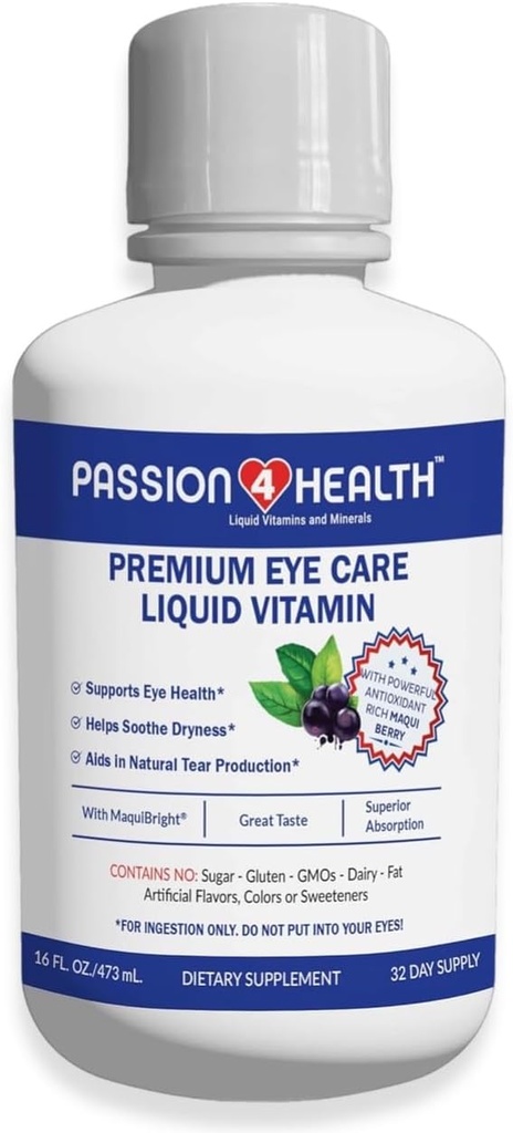Passion 4 Health Liquid Eye Vision & Adult Eye Care lisäravinteet - Premium Support with Maqui Berry Extract, Gluteeniton, ei-GMO, Ei sokeria - 30 päivän toimitus, valmistettu Yhdysvalloissa