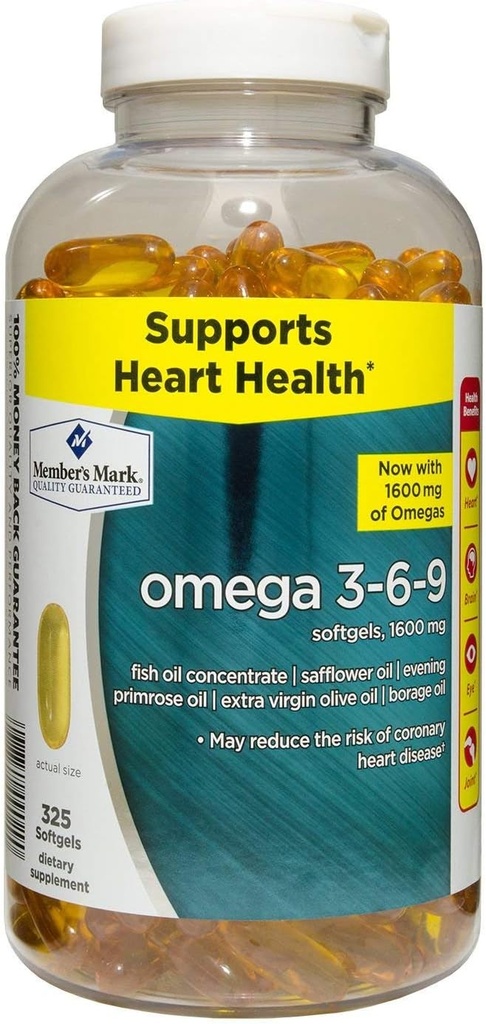 Jäsen Mark Omega 3, 6, 9 Ravintolisä 1600 Mg, Pehmeät geelit, 325
