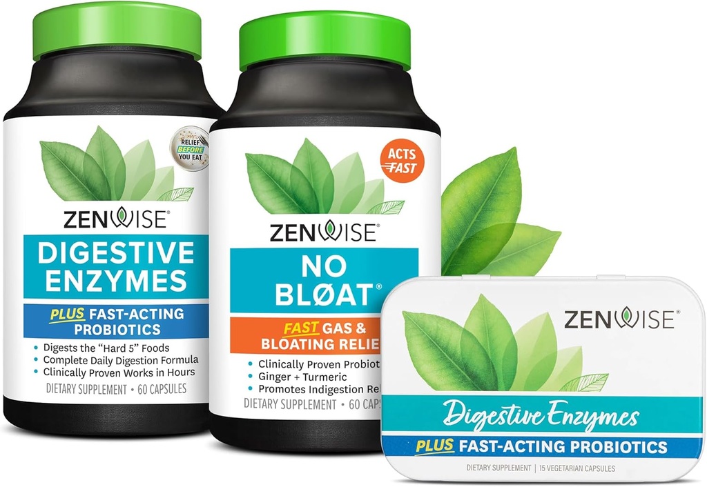 Zenwise Health Bliss Bundle Digestive Enzymes + No Bloat + Free Travel Tin - pre och Post Meal Digestive Routine med enzymer och probiotika för Digestion