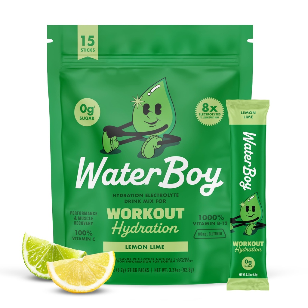 Waterboy Treenout Hydraation ... 2,960mg Sokeriton Elektrolyyttijauhepakkaus L-glutamiini + vitamiinit Ei sokeria, kaikki luonnolliset, Gluteeniton 15 Drink Stick Mixes (Sitruunalimetti)