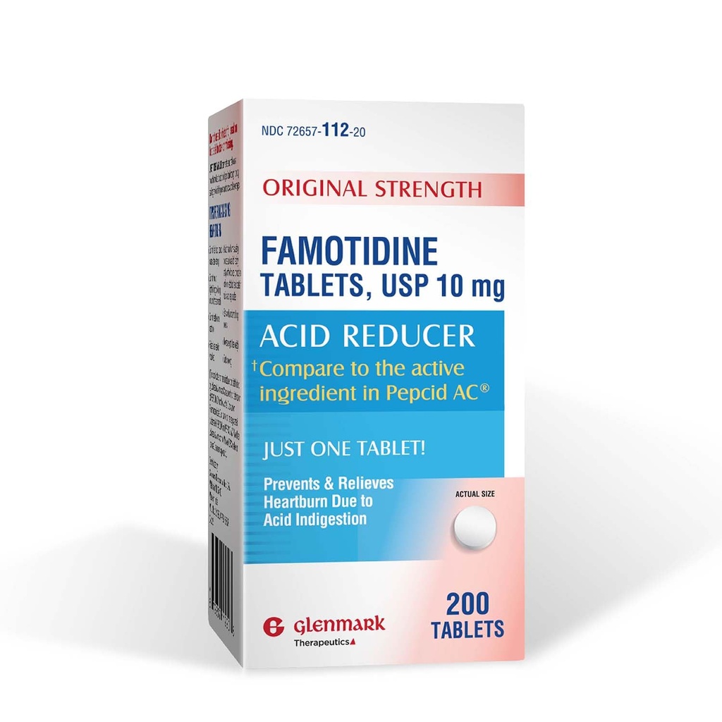 Glenmark Therapeutics Original Strength Famotidiini Tabletit, 10 mg, Acid Reducer for Heathburn Relief, 200