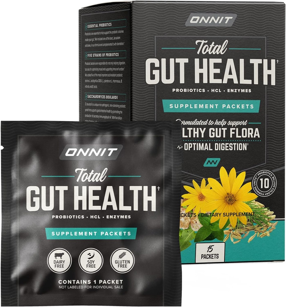 Onnit Total Gut Health: Päivittäinen prebiootti, probiootti ja digestiivinen Enzyme Packets (15 pakkaus)