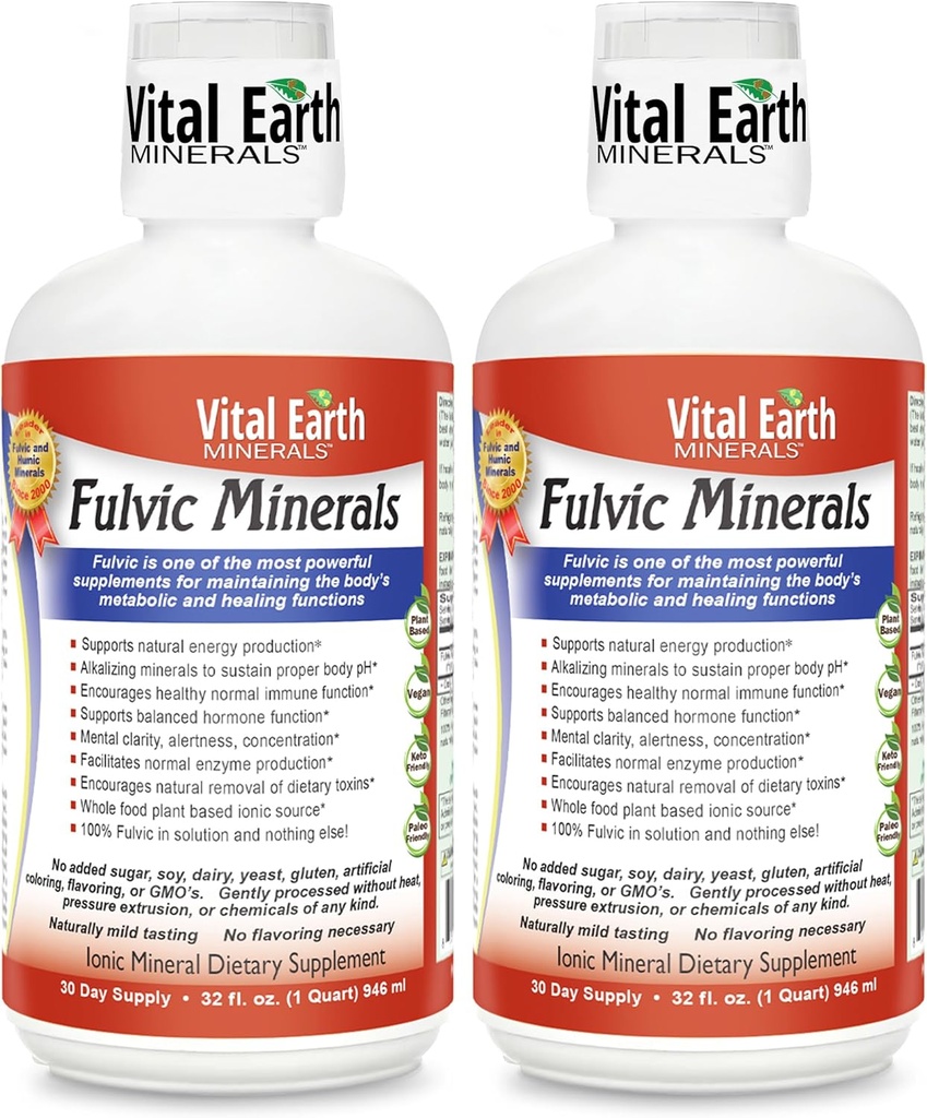 Vital Earth Minerals Fulvic Minerals Liquid – Fulvic Acid Supplement med 70+ Trace Minerals, Electrolytes för energi & Vitality, 32 Oz Ea + 1 Oz Cup