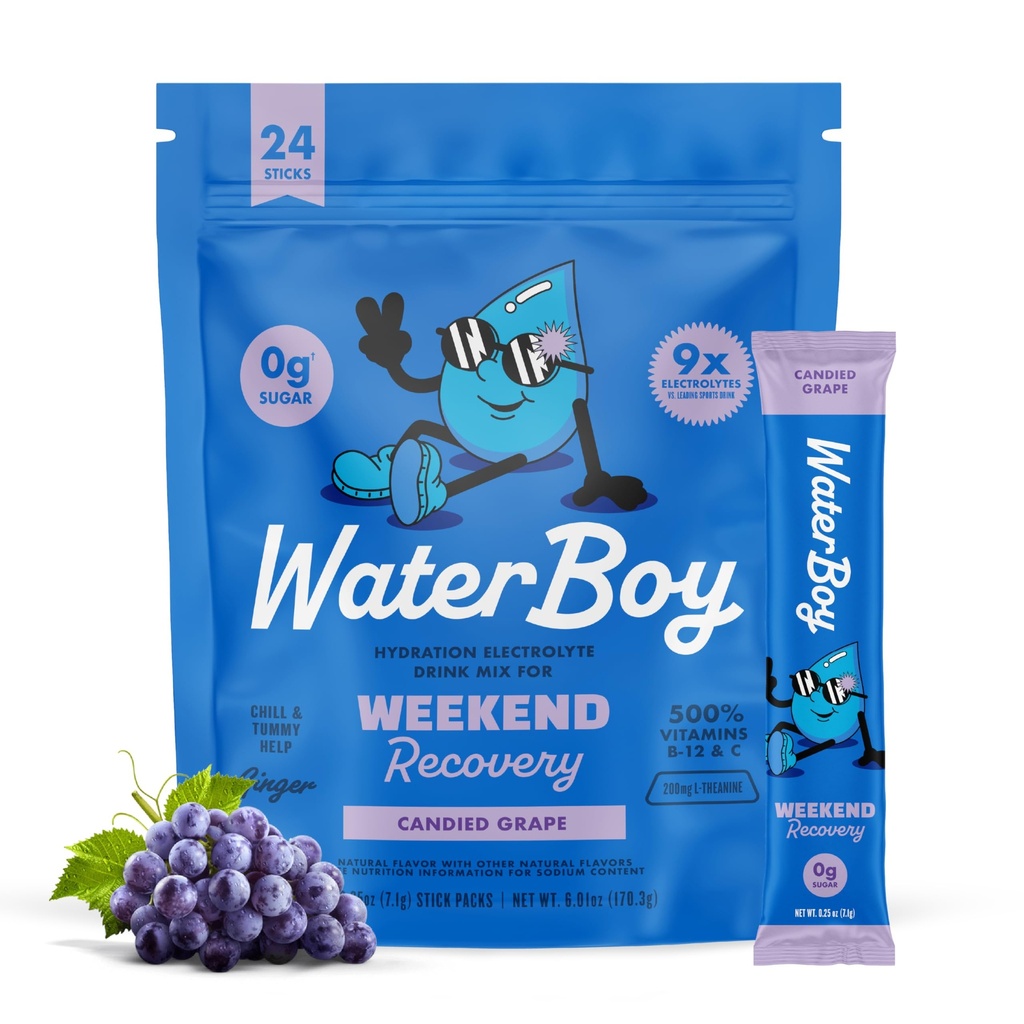 Waterboy Weekend Recovery 3,187mg Elektrolyyttijauhepakkaukset Inkivääri + L-Theanine + vitamiinit ... Ei sokeria, kaikki luonnolliset, Gluteeniton 24 Drink Stick Mixes (Grape)