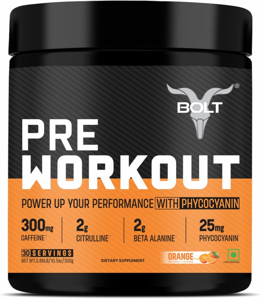 Bolt Pre workout lisäravinteet kofeiini, Sitruliini malaatti, B-Alaniini, Tauriini ... Räjähdysenergia, Pump & Focus ...300g,30 Tarjoilut Tangy Orange