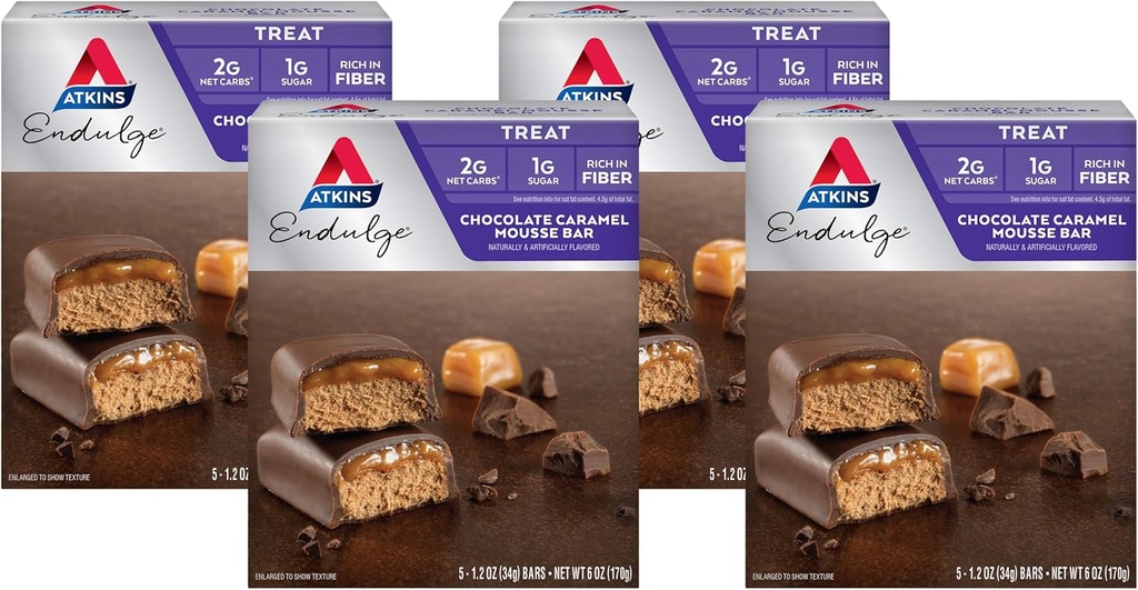 Atkins Endulge Chocolate Caramel Mousse Bar, jälkiruoka suosikki, 1g Sugar, Korkea kuitu, 5 Count (Pack of 4)