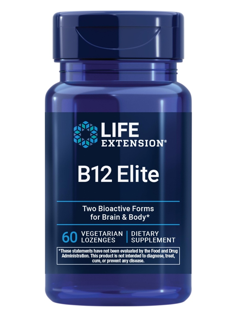 Life Extension B12 Elite, adenosylcobalamin, methylcobalamin, två aktiva former för hjärnhälsa och dopaminproduktion, icke-GMO, glutenfri, vegetarisk, 60 lozenges