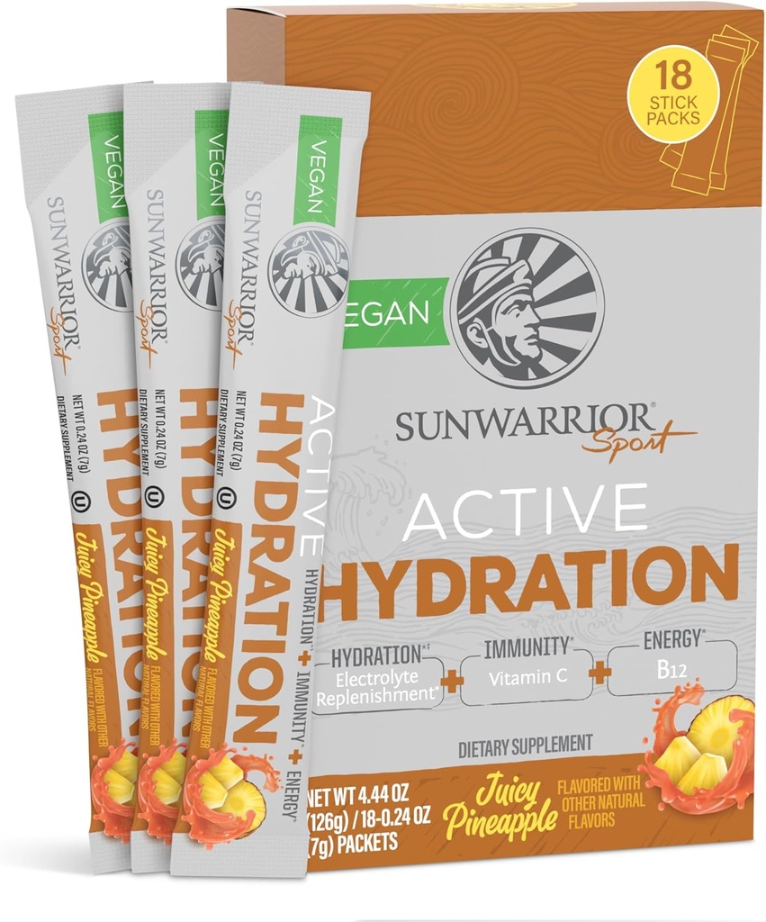 Sunwarrior Hydration Powder Electrolyte Packets Powder B12 Elderberry | Juicy Pineapple smaksatt 18 Stick Packs 126g Pouch | Vegan och växtbaserad sockerfri