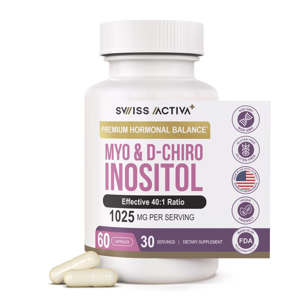 Sveitsin Activa+ Labs Myo Inositol Supplement & D-Chiro Inositol täydennysosa - Premium Hormoni Balance naisten & PCOS täydentää - Sääntele Menstrual Cycle - Munasarja Support - 30 päivää