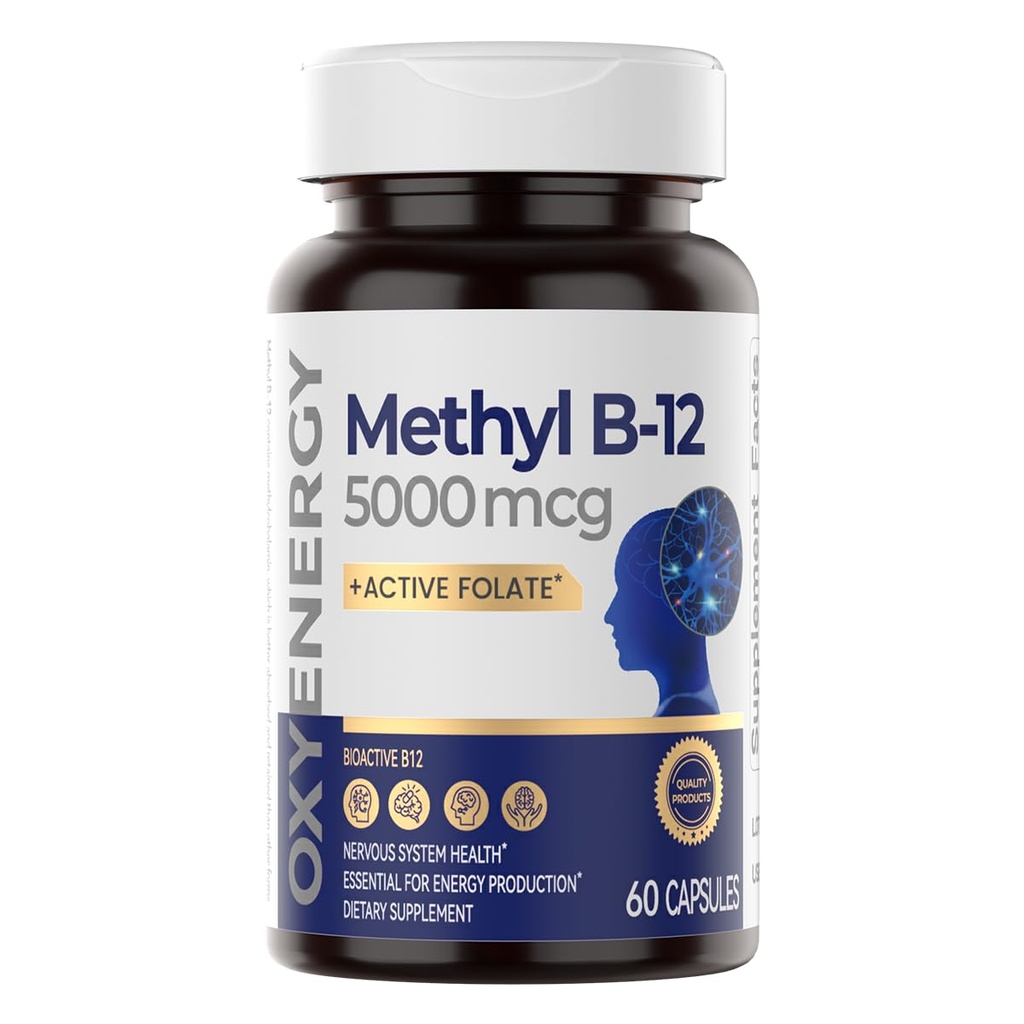 OxyEnergy Methyl Vitamiini B12 5000 mcg, Extra Strength Metyylikobalamiini B-12 täydentää folaatin, tuki hermoja, energian aineenvaihduntaa & kognitiivinen,60 kapselia