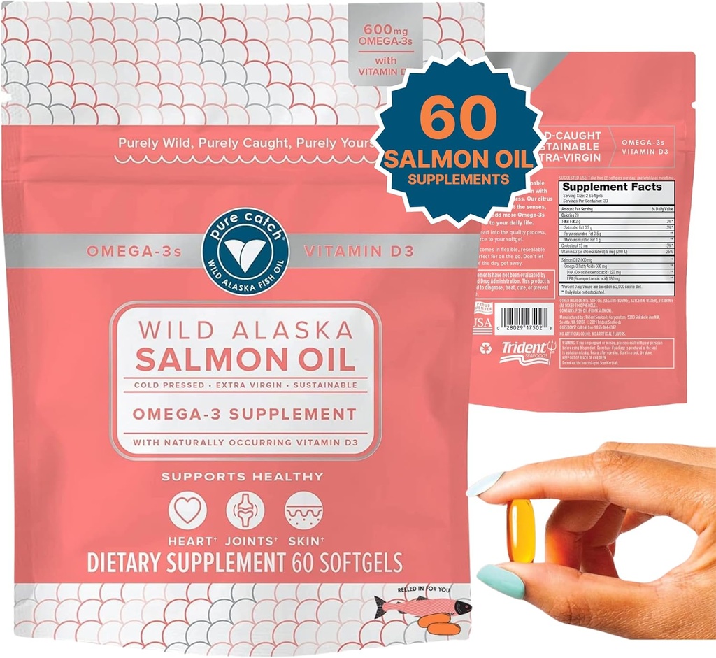 Trident Seafoods Pure Catch Wild Alaskan Fish Oil för kvinnor + Vitamin D3 - Omega-3 Salmon Fish Oil Supplement - EPA och DHA - 60 Count Daily Citrus Soft Gel - Gemensamt stöd, hud och hjärthälsa