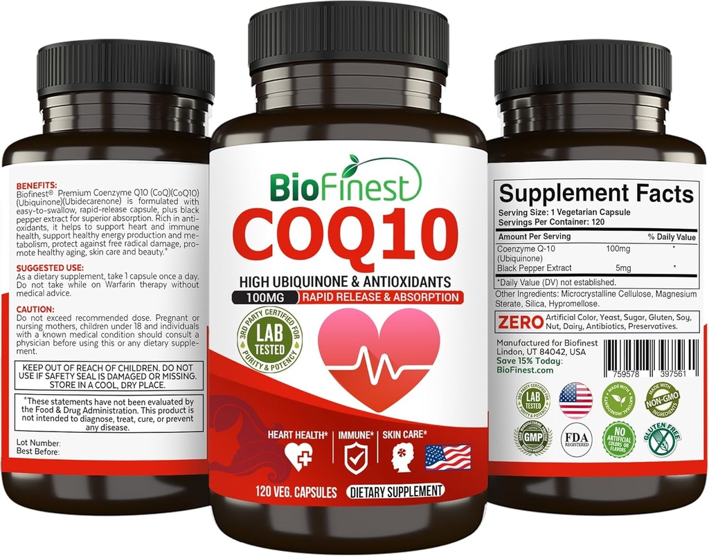 BioFinest CoQ10 Coenzyme Q10 100mg täydennysosa - Nopea vapautuminen Nopea imeytyminen - Immuuni-sydänenergian antioksidantti (120 kapselia)